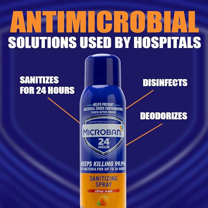 MICROBAN Sanitizing Spray, 15 oz., 2 Pack, Citrus, Penetrates Soap Scum, Greasy Soils and Reduces Odors, Keeps Killing 99.9% of Bacteria on Hard, Non-Porous Surfaces in Your Home for up to 24 Hours