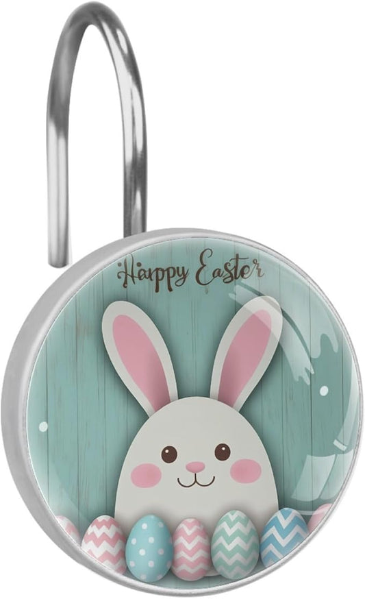 Rural Teal and Easter Bunny Crystal Glass Shower Curtain Hooks for Bathroom Shower Rod, 12Pcs Round Home Decorative Shower Curtain Rings, Bathroom Bedroom Living Room Accessories