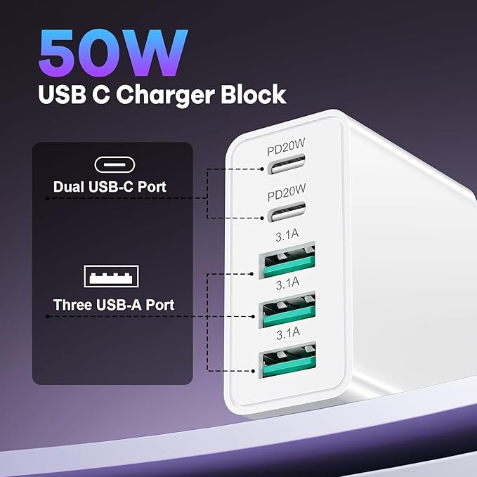 2Pack 5-Port USB C Charger Block, 50W Fast Charging Blocks 3 USB-A+2 USBC Wall Plug Power Adapter Outlet Multiport Type C Box Cube Brick for iPhone 16e 16 Pro Max iPad, Tablets Samsung S25, Pixel 7