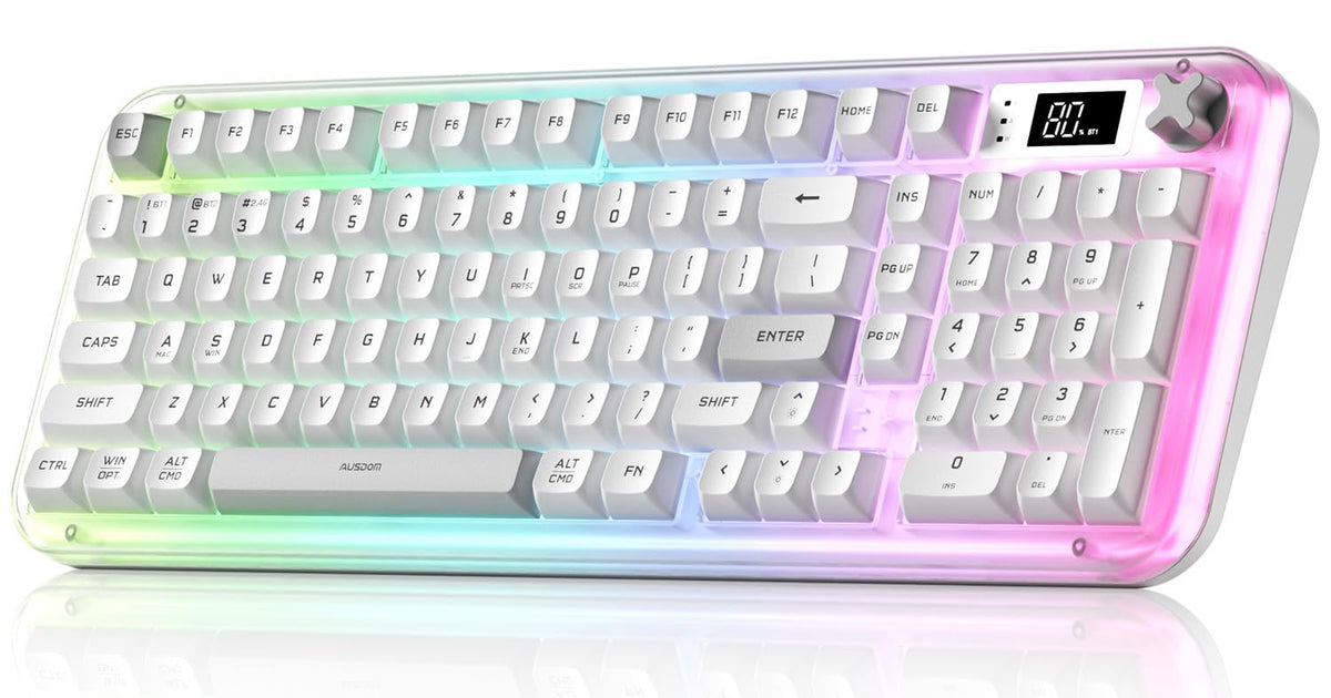 AUSDOM K98pro Wireless Silent Creamy Keyboard, Tri-Mode BT/2.4G/USB-C Computer Keyboard with Number Pad, RGB Backlit Media Knob Keyboard, White - Image 1