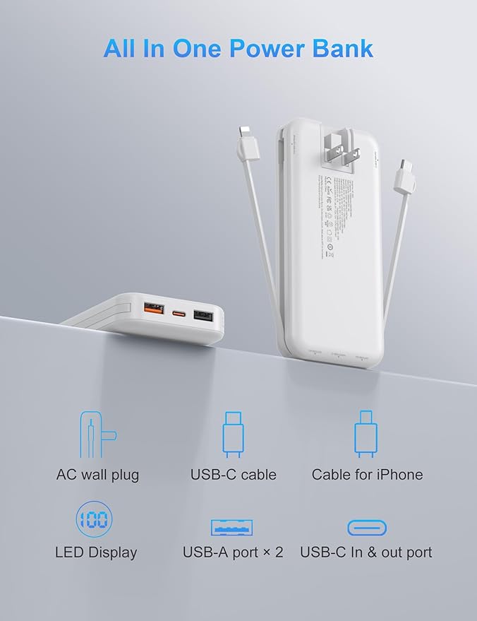 Portable Charger with Wall Plug, 10000mAh USB C Power Bank Fast Charging, External Battery Pack with Built in Cables, Digital Display, 5 Output 4 Input for iPhone Android Cell Phone Tablet