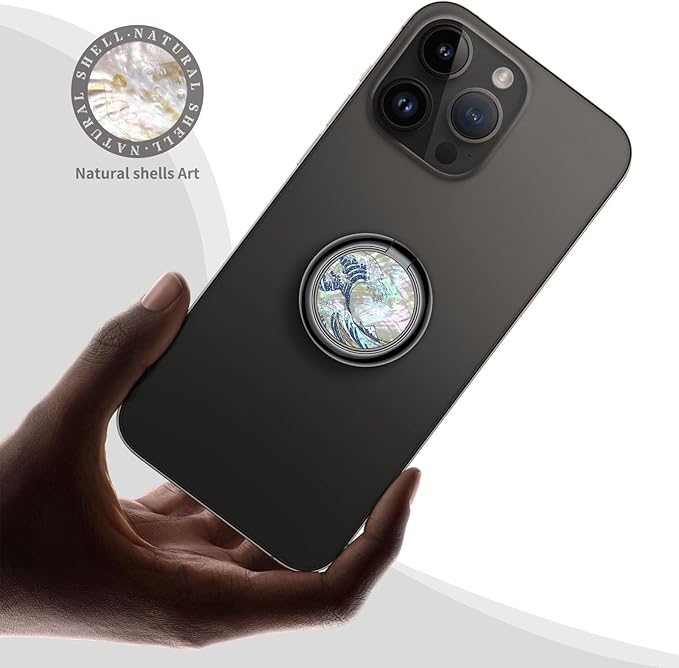Carveit Natural Shells Cell Phone Ring Holder Metal Phone Kickstand Grip for iPhone 16 Pro Max/15/14 & Galaxy S23/S24/S25 Ultra & Pixel 8/9 -Black-Wave Reimagined
