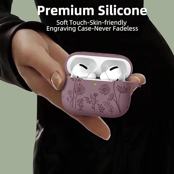 Lerobo Flower Engraved Cover Compatible with Airpods Pro 2 Case USB C, Cute Silicone Skin Cover Full Protective Case for Apple AirPod Pro, Front LED Visible, Smokey Mauve
