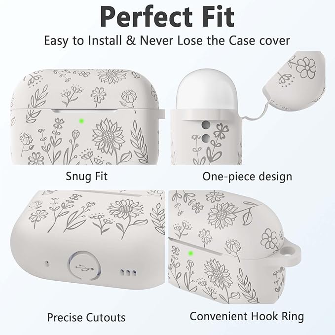 Flower Engraved Case for AirPods Pro 2 Gen with Clean Kit & Keychain, Soft Silicone Protective AirPods Pro 2 Case Cover for Apple AirPods Pro 2nd/1st Generation,Front LED Visible, Starlight