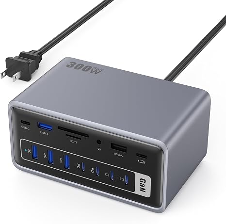 20-in-1 USB Docking Station,300W Charging Station,Triple Display USB-C Hub with 2x4K HDMI,DP,VGA,Ethernet,7 USB-A/C Ports,5Gbps USB-A/C Ports,SD/TF,Audio,100W PD Fast Laptop Charger for Windows/macOS