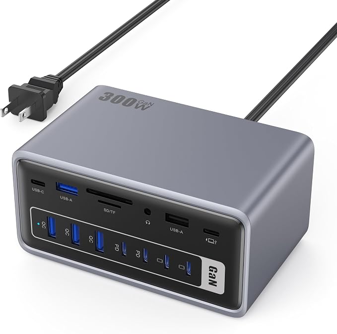 20-in-1 USB Docking Station,300W Charging Station,Triple Display USB-C Hub with 2x4K HDMI,DP,VGA,Ethernet,7 USB-A/C Ports,5Gbps USB-A/C Ports,SD/TF,Audio,100W PD Fast Laptop Charger for Windows/macOS