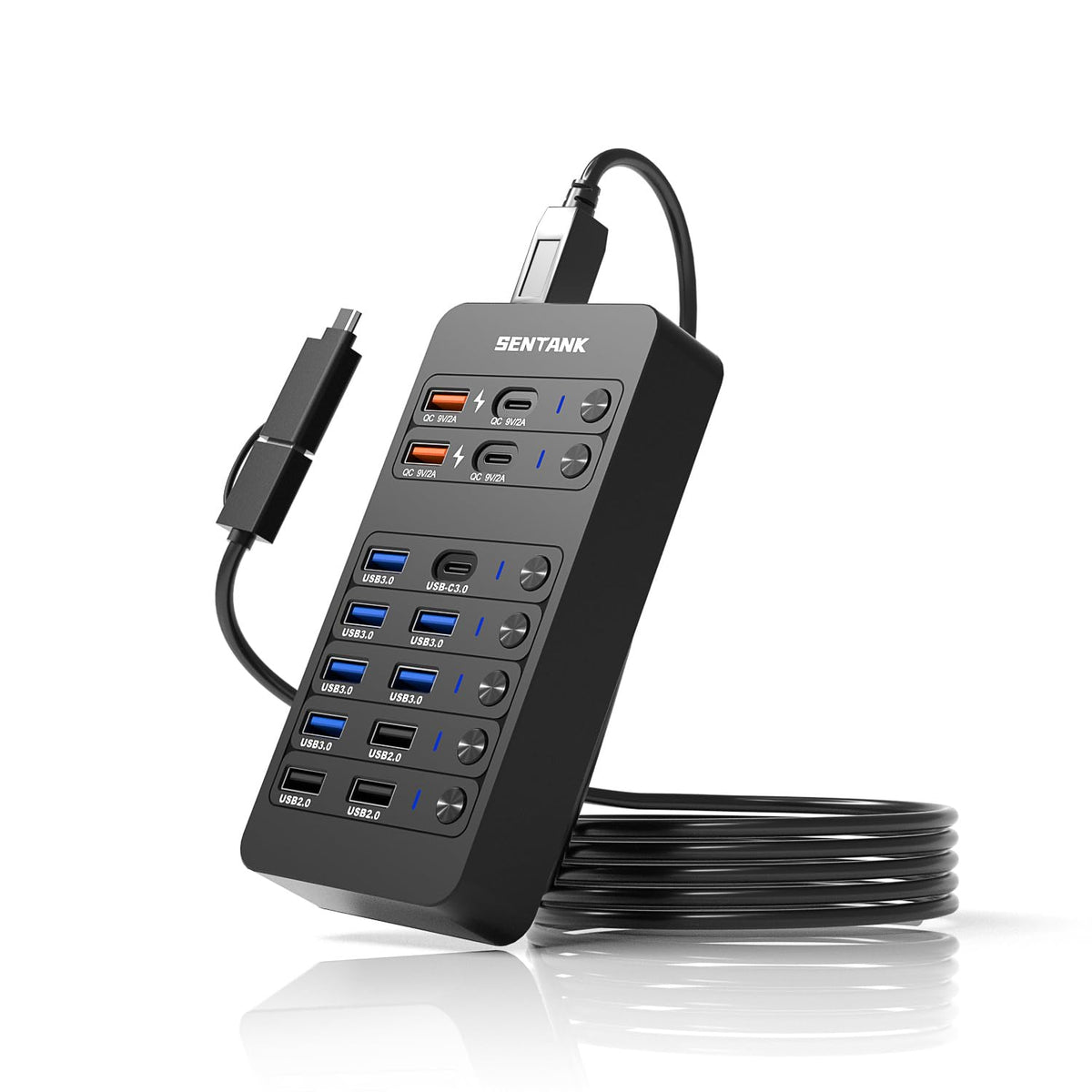 Powered USB Hub,14 Ports USB Data Hub Splitter with 6 USB 3.0 Port,4 Charging Port,1 USB-C 3.0 Data Port,1 PD 60W Charging Port w LED Individual On/Off Switches for MacBook,Mac Pro,Laptop/PC