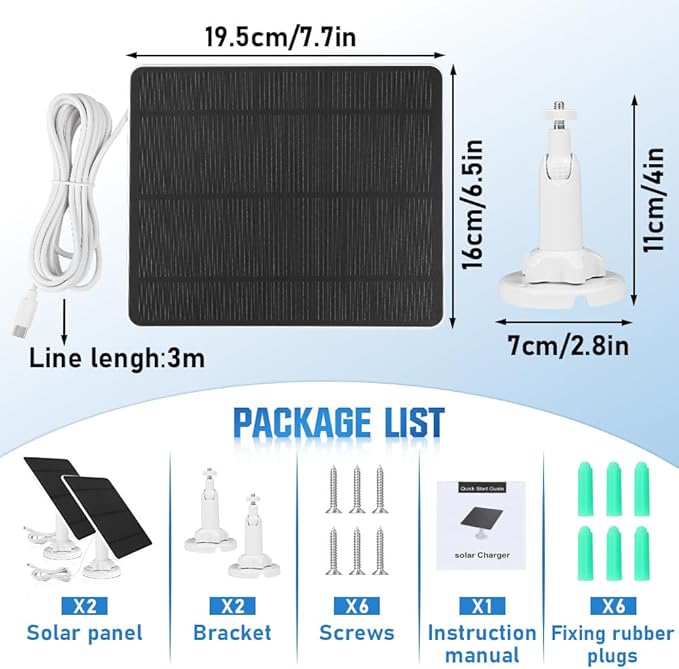 5W Solar Panel for Security Camera 2 Pack, 5V Solar Panel Charger is Compatible with WYZE Battery Cam Pro, Eufy Camera & Arlo Essential Spotlight/XL Spotlight Camera, with Micro USB, DC, USB-C Port