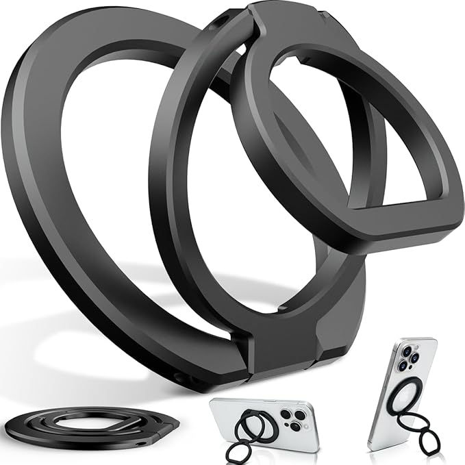 Phone Grip for MagSafe,360°& 180°Rotation Magnetic Phone Ring Holder with Kickstand,Dual-Ring Thin Phone Stand for 17/16/15/14/13/12 Series-Black