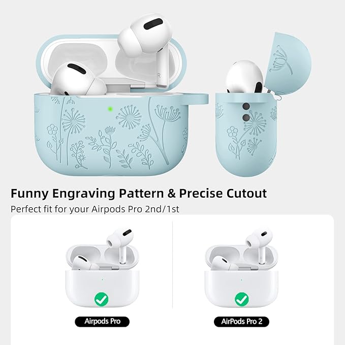 Lerobo for Airpod Pro Case/Airpod Pro 2 Case Cover, Flower Engraved Cute Silicone Skin Full Protective Cover Compatible with Apple Airpods Pro 2nd/1st Generation Case with Keychain, Turquoise