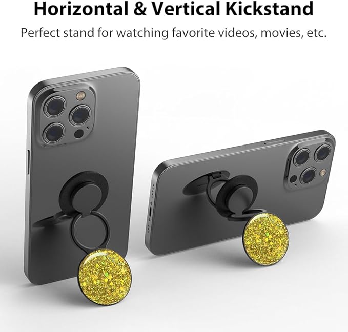 Phone Grip, Phone Ring Holder Finger Kickstand, Foldable & Adjustable Metal Cell Phone Rings Gripper Stand Work with Magnetic Car Mount for iPhone Samsung &Other Phones - Sparkle Yellow