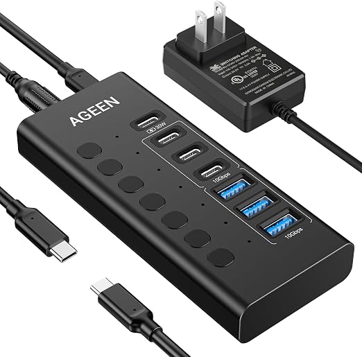 Powered USB Hub,7 Ports 10Gbps USB C Hub, 3*USB-A 3.2+3*USB-C 3.2+1*PD 30W