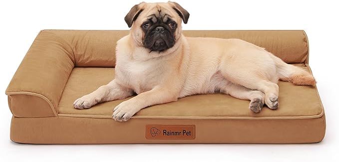 Orthopedic Memory Foam Dog Bed, Removable Washable Microsuede Cover, TPU Waterproof Liner, Nonskid Bottom, for Indoor, Outdoor, Crate ＆ Car Use, 35x23x6 Inches, Khaki