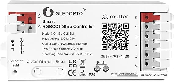 GLEDOPTO Matter RGBCCT LED Controller 20A Current Max for PWM Analog LED Strip Light APP Voice Control RGBW RGB Dimmable Work with Homekit Google Amazon Echo Alexa (Matter Hub Required)