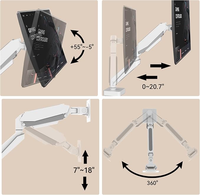 White 42 45 Premium Aluminum Heavy Duty Monitor Arm, Fits Ultrawide up to 49 inches and 44 lbs Single Desk Mount Stand, Pneumatic Height Adjustable, Max VESA 100x100, A9W