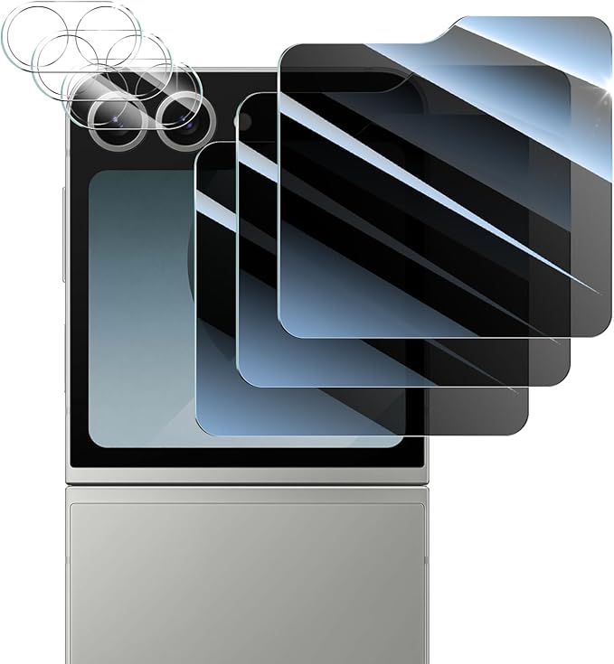 Privacy Screen & Camera Lens Protector for Samsung Galaxy Z Flip6, Double Shatterproof Anti-Spy Tempered Glass, Private Black Protection, 9H Hardness Anti-Scratch Case-Friendly, 3 Pack Each