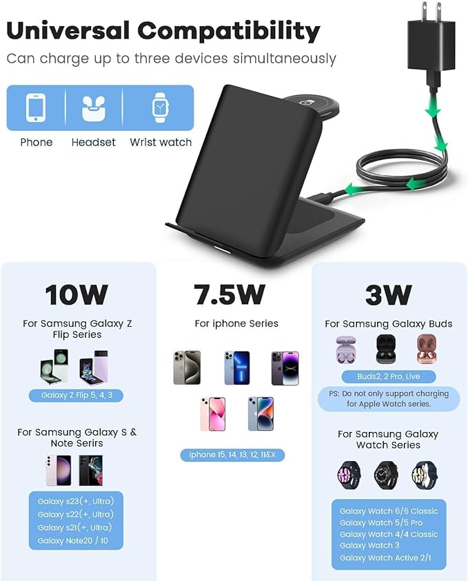 Samsung Galaxy Z Flip 3-in-1 Wireless Charging Station - Foldable 15W Fast Travel Charger Stand for z Flip 7/6/5/4/3, Razr+, Galaxy Watch & Buds 3/2 Pro/Live | PD20W Adapter Included | Black