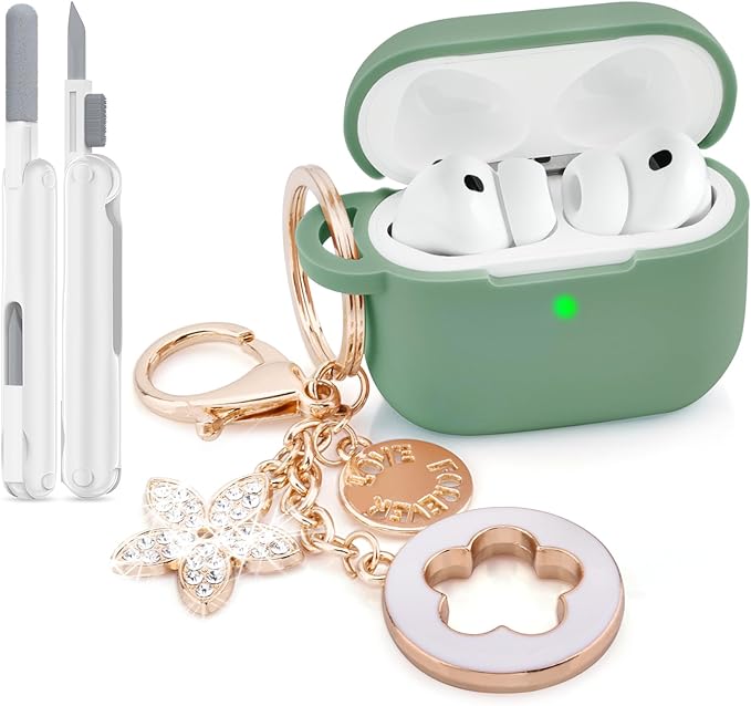 VISOOM for AirPods Pro 3 Case 2025, Silicone Case for Apple Air Pods Pro 3rd Generation Cover Women, Cute iPods 3 Protective Cover with Bling Keychain & Cleaning Kit,Green