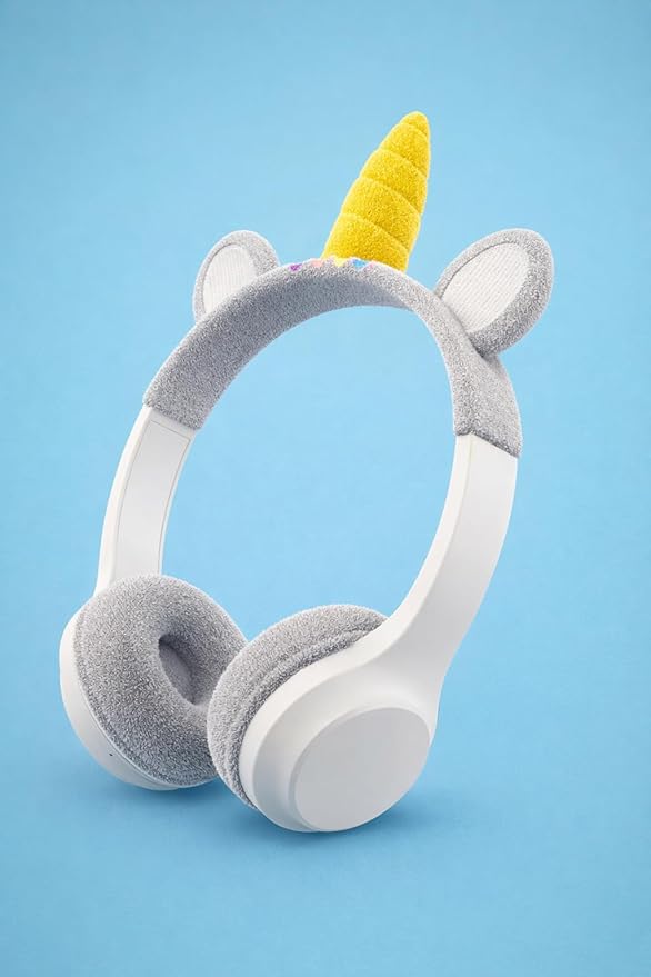 Kids Wireless Bluetooth Headphones Unicorn – Over-Ear Headset for Children, 85dB Volume Limit, Soft Earmuffs, Adjustable Headband, White & Gray