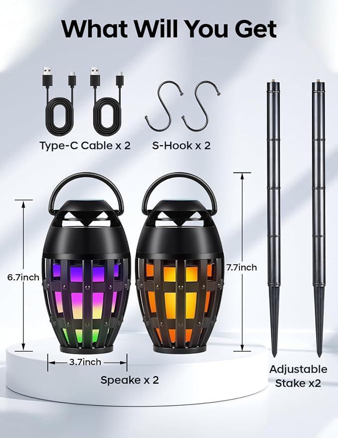 Outdoor Bluetooth Speakers with LED Flame Effect & Color Changing, IPX6 Waterproof, Bluetooth 5.3, USB Charging, Gifts for Men/Women, Torch Atmosphere Speaker for Patio/Garden/Party/Camping（2 Pack）