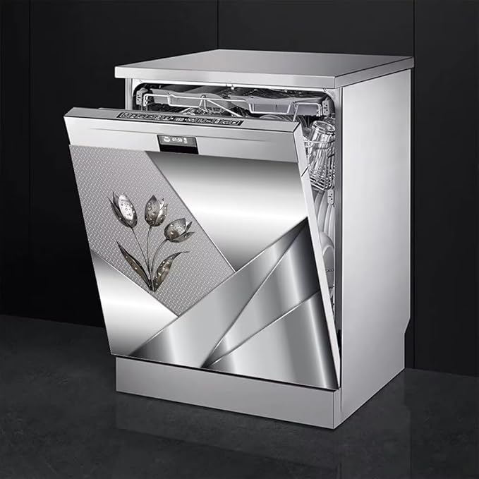 Generic Polished Metal Texture Dishwasher Magnetic Cover for Door Front,Silver Stainless Steel Flowers Refrigerator Magnet Decor Floral Magnet Panel Decal, Fridge Home Appliance Sticker 23x26inch