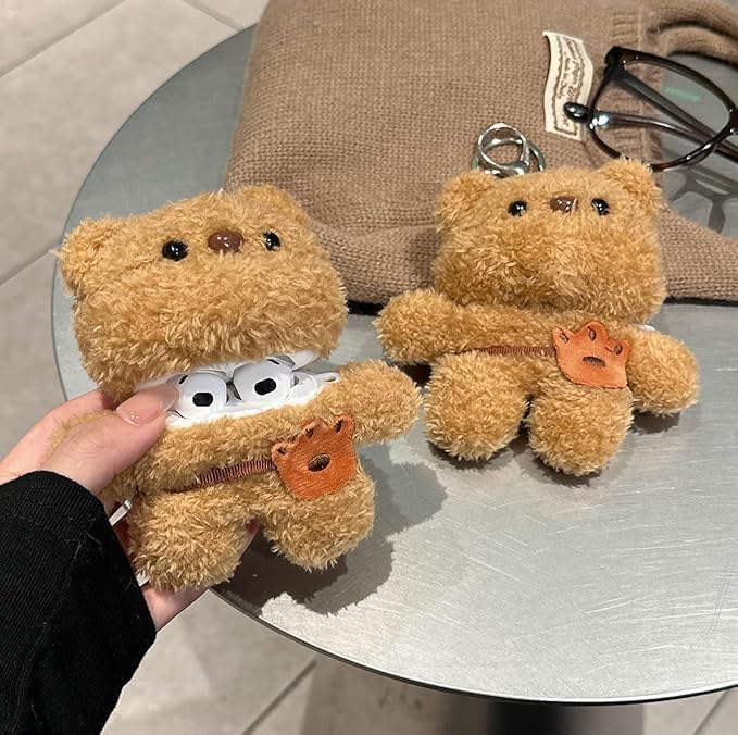 SGVAHY Furry Case for AirPods 1/2, Funny Cute 3D Cartoon Plush Design Backpack Teddy Bear Soft Warm Fluffy Cover Keychain Anti-Fall Protective Case Women Girls