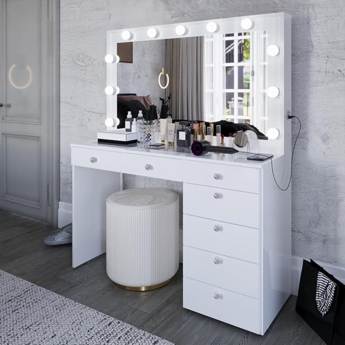 Boahaus Serena White Makeup Vanity with Mirror and 11 Lights, 7 Drawers, Glass Top, Crystal Knobs, USB-A & USB-C Ports, 110V Power Outlet, Bedroom Vanity Desk (White)