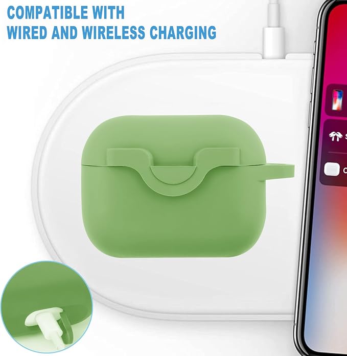 Silicone Protective Case Cover for Airpods Pro 2 with Green Five-Leaf Keychain, Wired & Wireless Charging, Secure Lock for Women & Girls