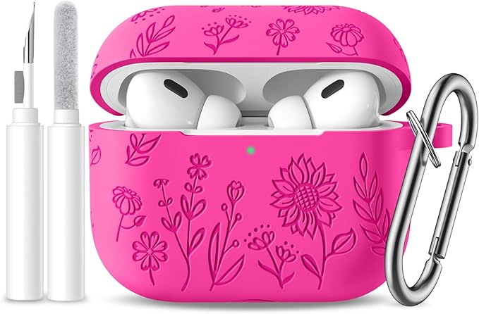 Hamile for AirPods Pro 2nd Generation Case with Cleaner Kit & Keychain, Cute Flower Engraved Soft Silicone Protective AirPods Pro Case Cover for Apple AirPods Pro Case 2nd/1st Generation, Rose Pink