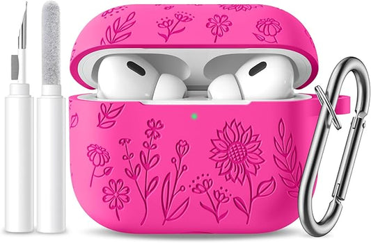 Hamile for AirPods Pro 2nd Generation Case with Cleaner Kit & Keychain, Cute Flower Engraved Soft Silicone Protective AirPods Pro Case Cover for Apple AirPods Pro Case 2nd/1st Generation, Rose Pink