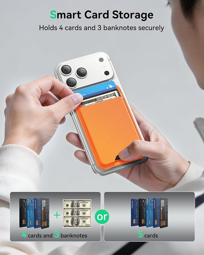 for MagSafe Wallet with Stand, 5 Card Holder, Slim Leather Magnetic Wallet for iPhone 17/16/15/14/13/12 Pro Max Plus Air Series, 3 Card Slots & 1 Cash Slot,Orange