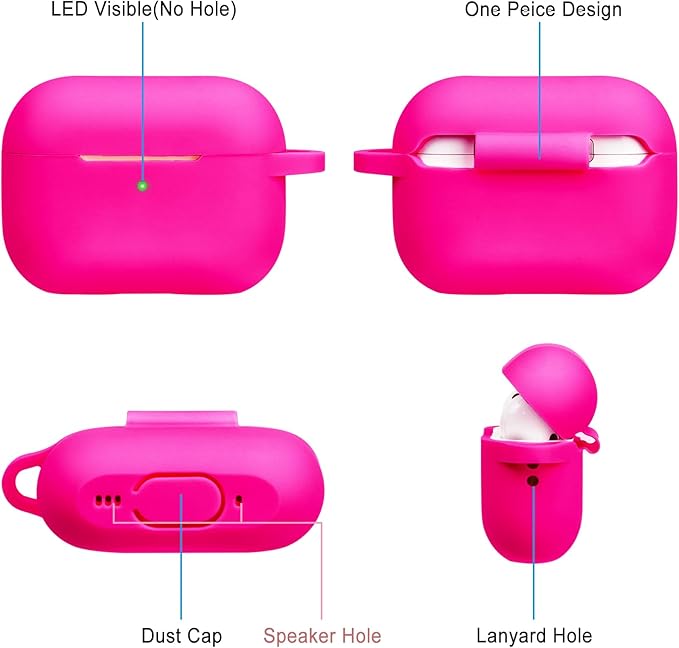 Silicone Compatible with AirPods Pro 2 Case 2022/2023, Gawnock Soft Case Cover Flexible for Compatible with AirPods Pro 2nd Generation Case for Women Girls with Keychain - Hot Pink