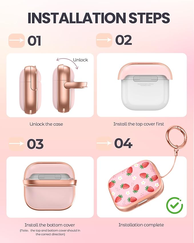 Coralogo for AirPods Pro 3 Case with Safety Lock - Cute Cartoon for Women Girls Fashion Stylish Strawberry Pattern Design Kawaii Girly Girlish Hard Protective Cover for AirPods Pro 3rd Generation