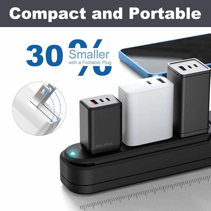 BELAROI 65W USB C Wall Charger Block, PD 3.1,3-Port GaN Fast Charger, 65W Foldable High Power Fast Charging Brick, for iPhone,iPad and MacBook Pro/Air,Samsung Galaxy (Black)