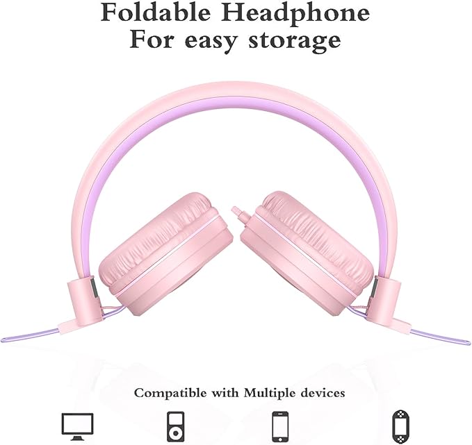 ELECDER i37 Kids Headphones for School Children Girls Boys Teens Foldable Adjustable On Ear Wired Headphones with 3.5mm Jack for Smartphones Chromebook Laptop Computer PC Tablets Travel, Peach/Purple