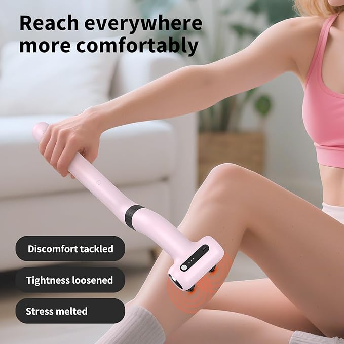 Dual-Head Massage Gun Deep Tissue with Extension Handle, 3-in-1 Detachable Handheld Percussion Back Massager for Muscle Neck Shoulder Body Pain Relief - 6 Speeds Levels (Glossy Pink)