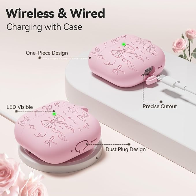 for Airpods 4 Case Cover, Joremx Cute Bow Engraved Silicone Protective Case Cover with Keychain, Cleaner Kit for AirPods 4th Generation Case 2024 (Sakura Pink)