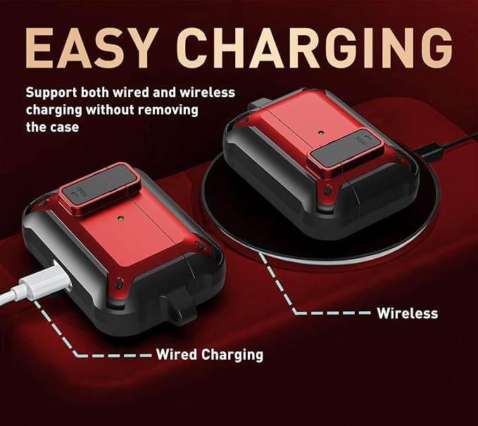for Airpods Pro 2/1 Gen Case Cover with Lock (2019/2022/2023), Rugged Locking Case for Airpod Pro 2nd/1st Generation Shockproof Armor Protective Skin for Apple iPod Pro - Black/Red