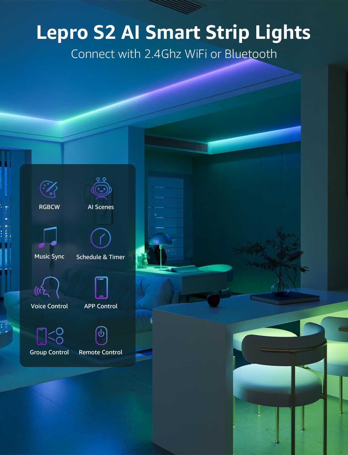 AI Smart LED Strip Lights 16.4ft RGBCW WiFi and Bluetooth App Control Color Segment DIY Personalized Lighting