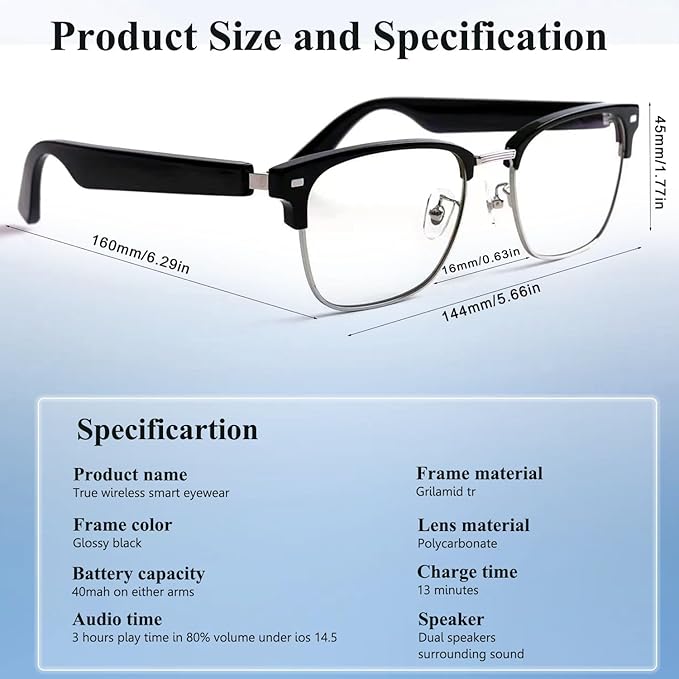 X00MEER Smart Glasses, 5.3 Bluetooth Glasses with Dual Stereo Speakers, Voice Assistant Compatible,Music &HD Calling, for Men & Women (KX08B)
