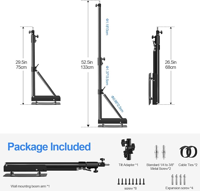 Wellmaking Wall Mount Triangle Boom Arm 53inch/135cm Length Adjustable Support 180° Flexible Rotation, Up to 4.26ft. With Tilt Adapter Light Stand with Standard 1/4 to 3/8 Metal Male Screw Photography