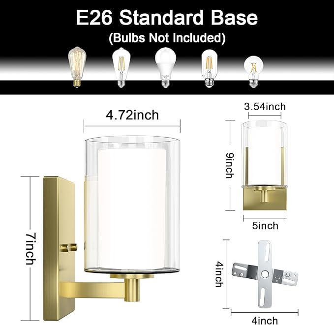 Kalium Bathroom Wall Sconces Set of Two Gold Double Clear Glass Shade Modern Vanity Lights Indoor Farmhouse Wall Light for Bedroom Living Room Hallway Bulb E26 Base (Bulbs Not Included)