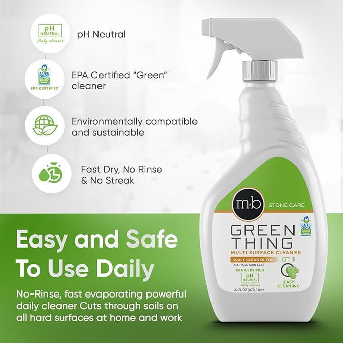 MB Stone & More GT-1 Green Thing - Multi Surface Cleaning Spray for Kitchen Counter Cleaner Spray for Marble- No Streak Formula for Stone, Glass, Granite, Ceramic, Corian, Porcelain (32 Fl Oz)