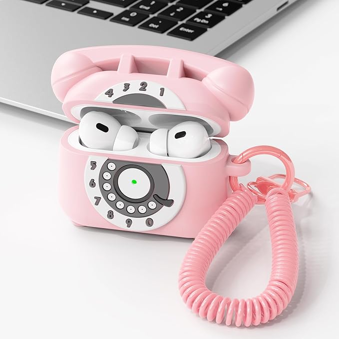 KOREDA for AirPods Pro 2nd/1st Generation Case Cover with Cleaner Kit & Lanyard, Cute Funny Telephone Design Silicone Protective Case for AirPods Pro 2 - Pink