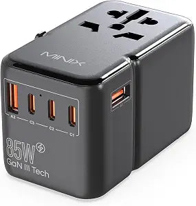 MINIX 85W Universal Travel Adapter, GaN III International Power Adapter, 3 USB-C 2 USB-A Ports, AC Outlet, Worldwide US/UK/EU/AU Travel Charger for Laptops Tablets Phones and More - Image 1