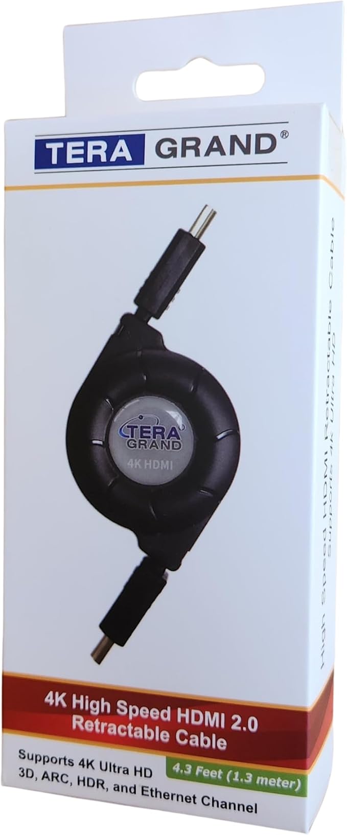 Tera Grand Premium 4K High-Speed HDMI 2.0 Retractable Cable, Extends up to 4.25 feet - Supports 4K Ultra HD, 3D, ARC, HDR, and Ethernet Channel