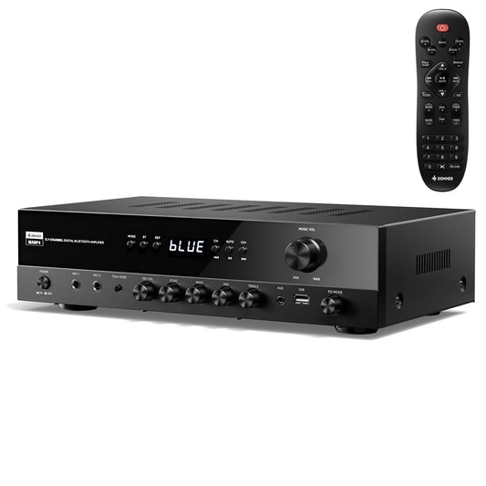 Donner Stereo Receivers, 5.1 Channel Audio Amplifier with Bluetooth 5.3, Optical/Coaxial, USB, FM, 2 Mic-in, Echo, RCA, AC-3 Input for Home, Karaoke, Theater Speakers, 60W/4R & 25W×3 RMS, MAMP4