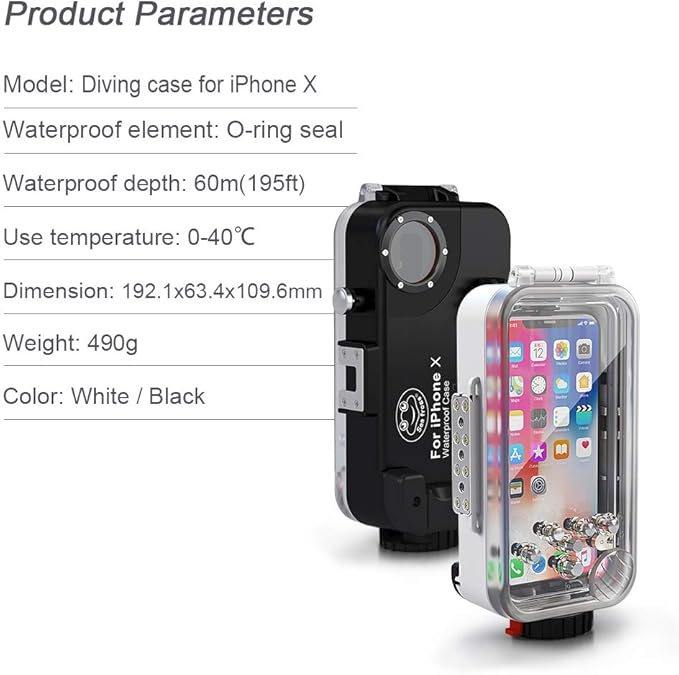 Waterproof Case for iPhone X/XS 60M/195FT Underwater O Ring Full Sealed Cover Snowproof Shockproof Dirtproof IPX8 Certified (White)