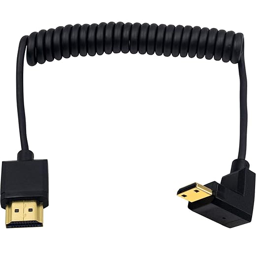 Duttek Coiled Mini HDMI to HDMI 90 Degree Cable 1 FT-4 FT, Ultra-Thin Down Angled HDMI Male to Mini HDMI Male Coiled Cable Support 4K Ultra HD, 1080p, 3D