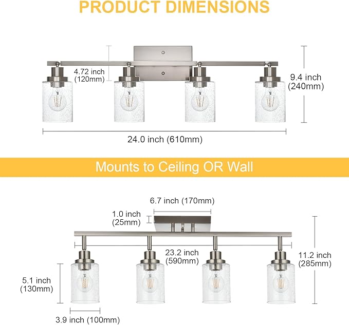 4-Light Brushed Nickel Kitchen Track Lighting Fixtures Ceiling Mount Track Lighting Kit with Bubble Seeded Glass Shade Modern Bathroom Tracking Vanity Lights Ceiling Tracking Accent Shop Light